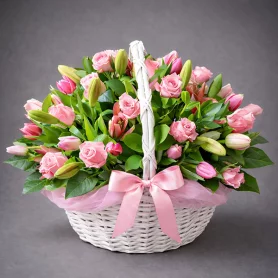 Красная шапочка - корзина из розовых роз и тюльпанов
